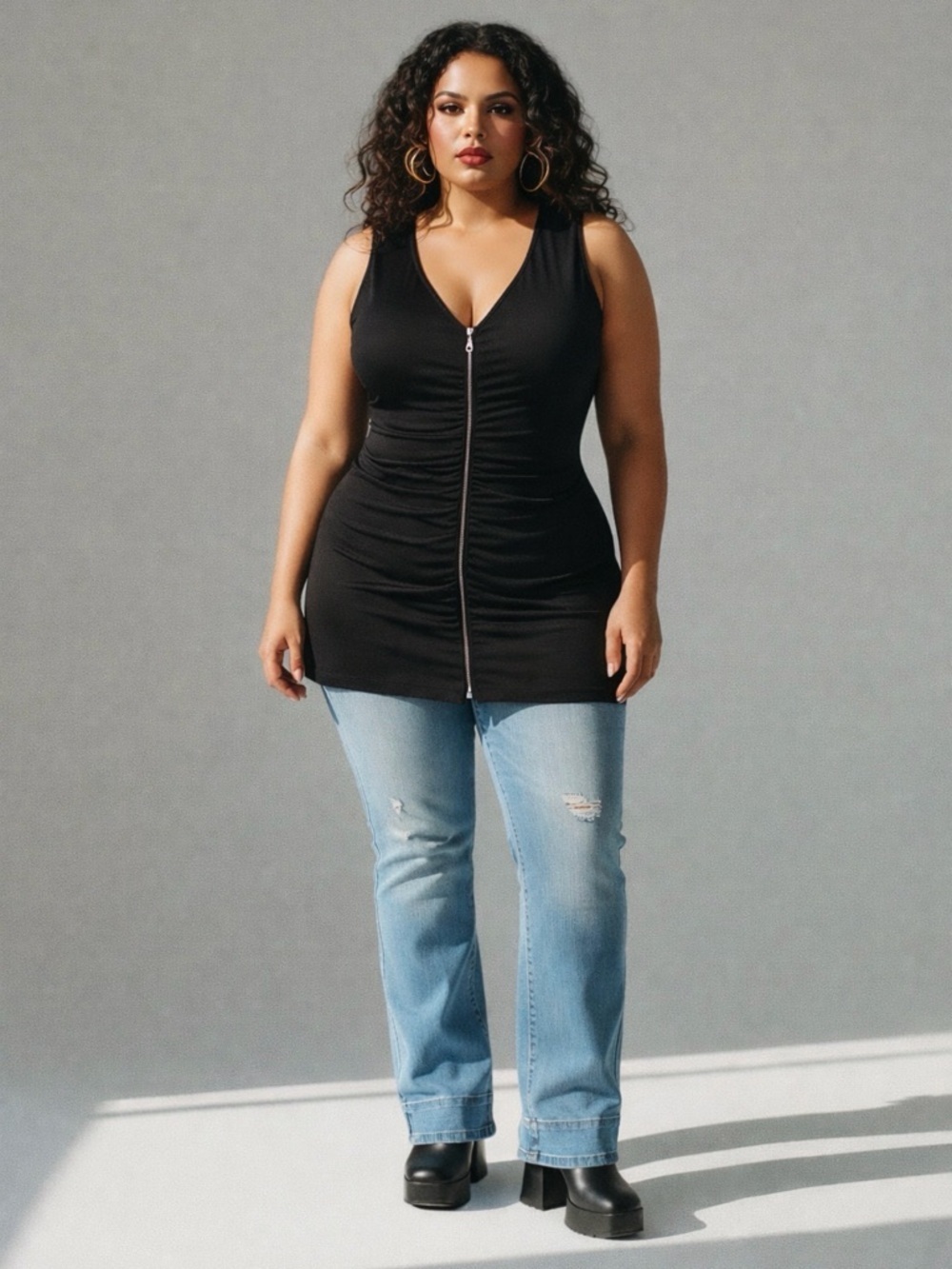 Addition Elle - Y2K Sleeveless Zip-Front Ruched Front Sleek Clubwear Tunic